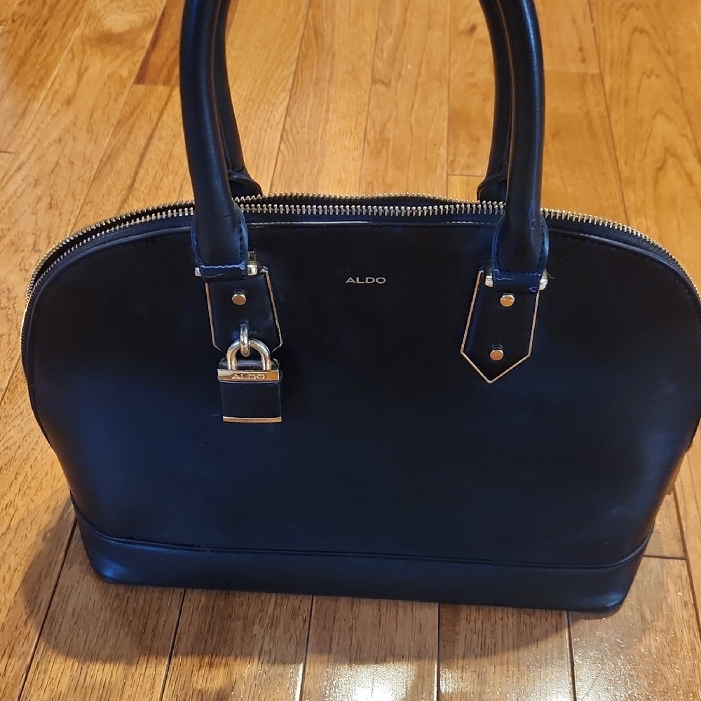 ALDO Black Satchel Handbag Gold Hardware Top Handle Structured Purse P-006